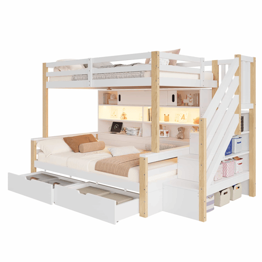 Beliche infantil 90 × 200 + 90 × 200 cm - madeira maciça, LED, USB, escada com arrumação e porta de correr - Branco e natural
