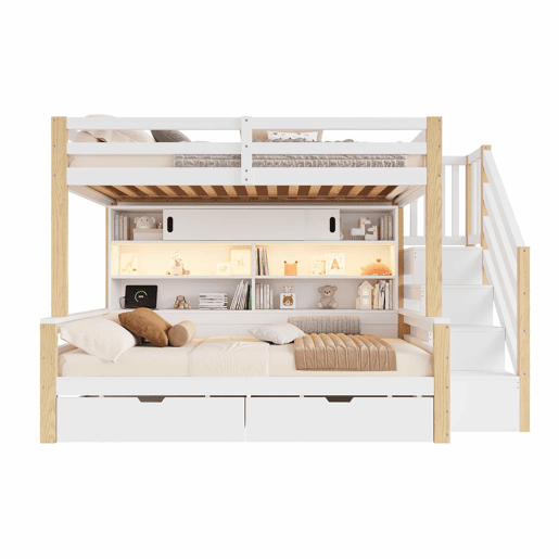 Beliche infantil 90 × 200 + 90 × 200 cm - madeira maciça, LED, USB, escada com arrumação e porta de correr - Branco e natural