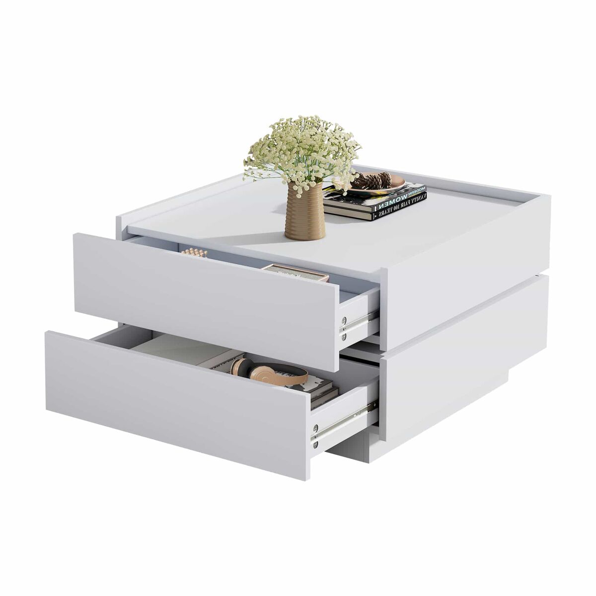 mesa de centro cuadrada giratoria 360 - con 2 cajones - 60x60x38 cm - blanco
