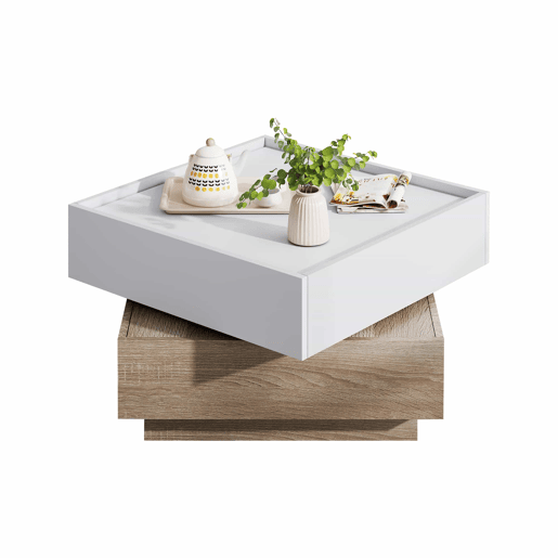 Mesa de centro quadrada com rotação de 360° - com 2 gavetas - 60x60x38 cm - Branco e Natural Mesa de centro quadrada com rotação de 360° - com 2 gavetas - 60x60x38 cm - Branco e Natural