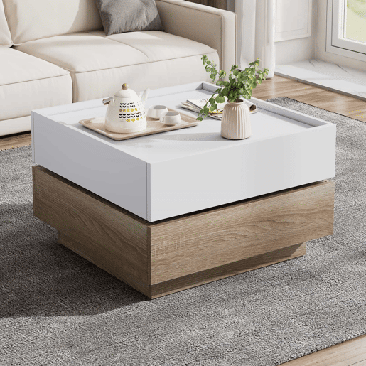 Mesa de centro quadrada com rotação de 360° - com 2 gavetas - 60x60x38 cm - Branco e Natural Mesa de centro quadrada com rotação de 360° - com 2 gavetas - 60x60x38 cm - Branco e Natural