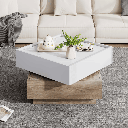 Mesa de centro quadrada com rotação de 360° - com 2 gavetas - 60x60x38 cm - Branco e Natural Mesa de centro quadrada com rotação de 360° - com 2 gavetas - 60x60x38 cm - Branco e Natural