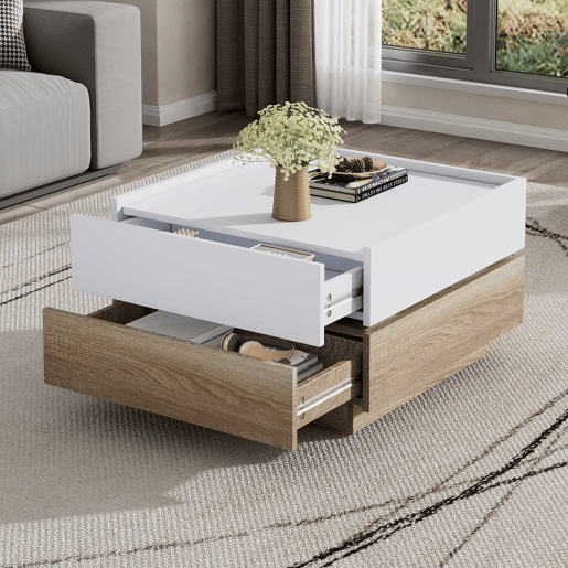 Mesa de centro quadrada com rotação de 360° - com 2 gavetas - 60x60x38 cm - Branco e Natural Mesa de centro quadrada com rotação de 360° - com 2 gavetas - 60x60x38 cm - Branco e Natural