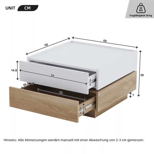 Mesa de centro quadrada com rotação de 360° - com 2 gavetas - 60x60x38 cm - Branco e Natural Mesa de centro quadrada com rotação de 360° - com 2 gavetas - 60x60x38 cm - Branco e Natural