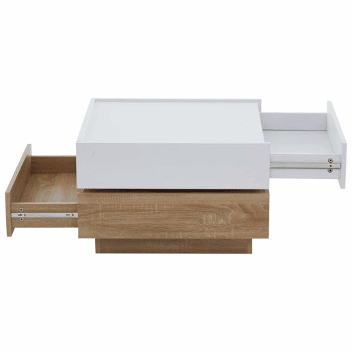 Mesa de centro quadrada com rotação de 360° - com 2 gavetas - 60x60x38 cm - Branco e Natural Mesa de centro quadrada com rotação de 360° - com 2 gavetas - 60x60x38 cm - Branco e Natural
