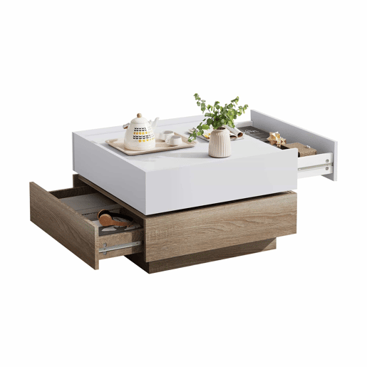 Mesa de centro quadrada com rotação de 360° - com 2 gavetas - 60x60x38 cm - Branco e Natural Mesa de centro quadrada com rotação de 360° - com 2 gavetas - 60x60x38 cm - Branco e Natural