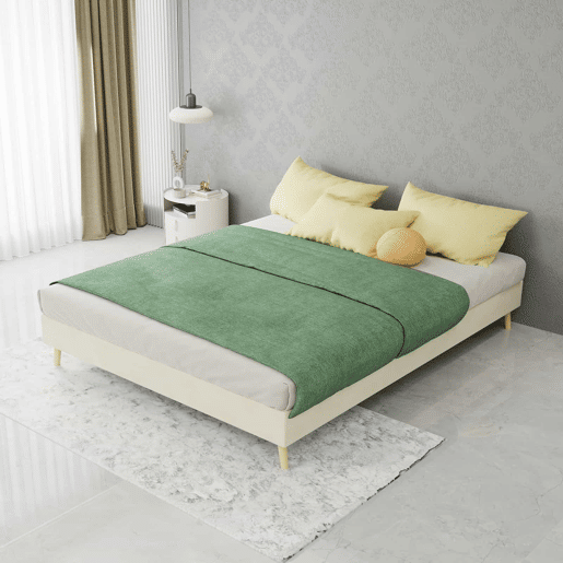 Cama moderna minimalista 140x200 - Base baixa, tecido veludo holandês - Bege Cama moderna minimalista 140x200 - Base baixa, tecido veludo holandês - Bege