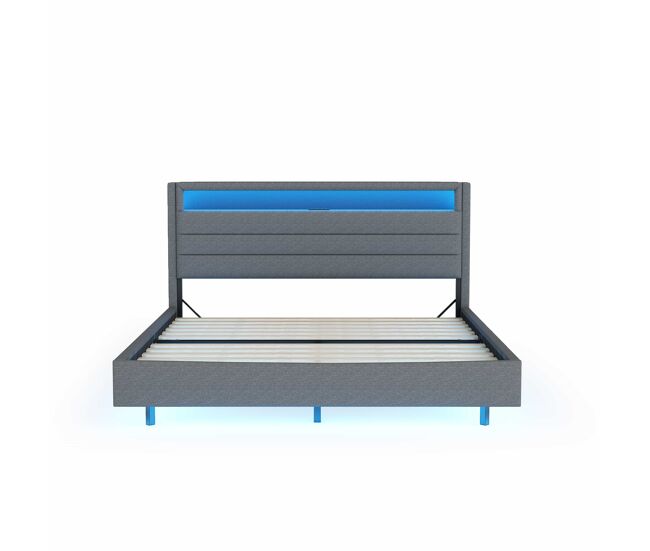 Cama tapizada 160x200 cm - con enchufe usb, luz led, cabecero reversible, pie oculto - gris