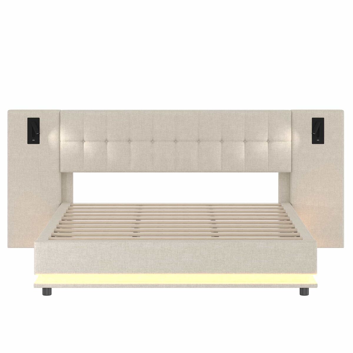 Cama tapizada 180x200 cm - con tira led, cabecero con spot, usb - beige