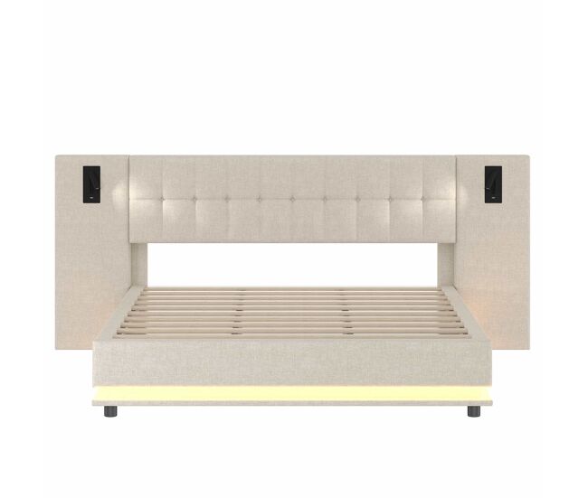 Cama tapizada 180x200 cm - con tira led, cabecero con spot, usb - beige