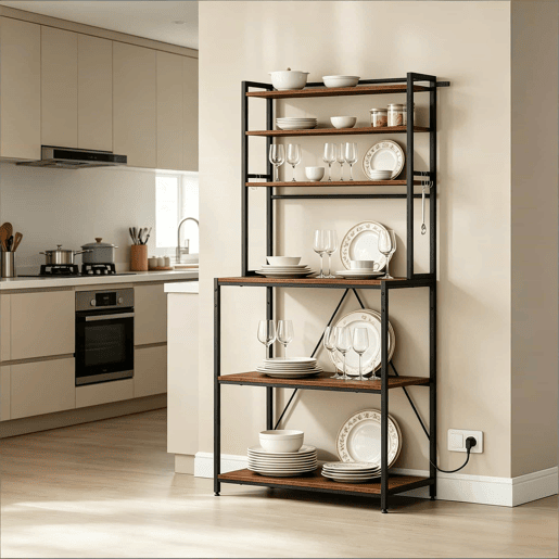 Mesa de café 40x80x167 cm - Estilo moderno com prateleiras de arrumação e tomadas integradas - Castanho rústico Mesa de café 40x80x167 cm - Estilo moderno com prateleiras de arrumação e tomadas integradas - Castanho rústico