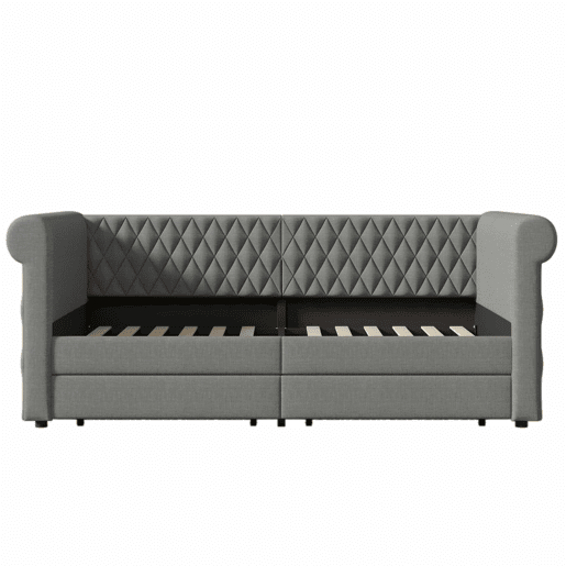 Sofá-cama com 2 gavetas em tecido de linho - 90x200 cm - com estrado de molas - Cinzento Sofá-cama com 2 gavetas em tecido de linho - 90x200 cm - com estrado de molas - Cinzento
