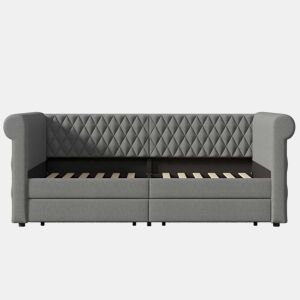 Sofá-cama com 2 gavetas em tecido de linho - 90x200 cm - com estrado de molas - Cinzento