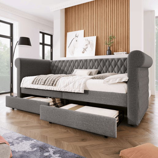 Sofá-cama com 2 gavetas em tecido de linho - 90x200 cm - com estrado de molas - Cinzento Sofá-cama com 2 gavetas em tecido de linho - 90x200 cm - com estrado de molas - Cinzento