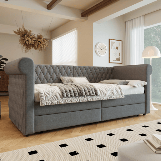 Sofá-cama com 2 gavetas em tecido de linho - 90x200 cm - com estrado de molas - Cinzento Sofá-cama com 2 gavetas em tecido de linho - 90x200 cm - com estrado de molas - Cinzento