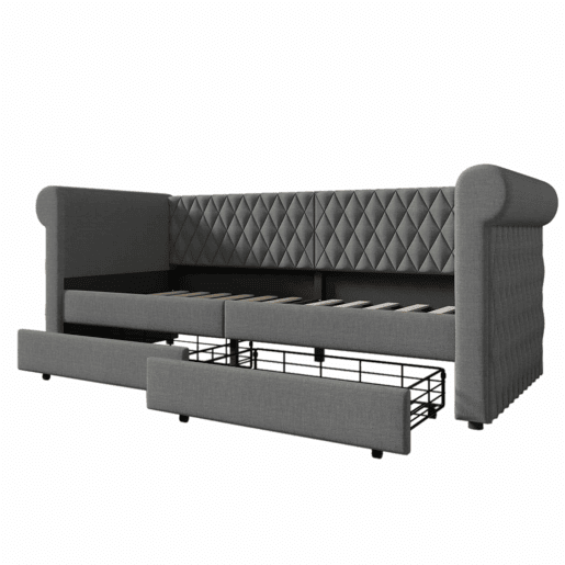 Sofá-cama com 2 gavetas em tecido de linho - 90x200 cm - com estrado de molas - Cinzento Sofá-cama com 2 gavetas em tecido de linho - 90x200 cm - com estrado de molas - Cinzento