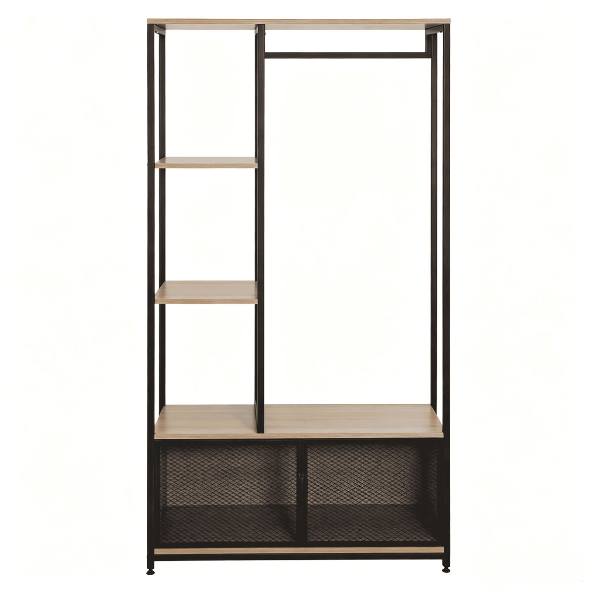 Perchero de pie - diseño abierto, organizador de ropa multifuncional para dormitorio y recibidor - negro y roble claro