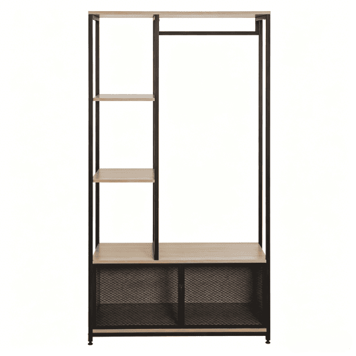 Cabideiro de pé - Design aberto, organizador de roupa multifuncional para o quarto e a entrada - Preto e carvalho claro Cabideiro de pé - Design aberto, organizador de roupa multifuncional para o quarto e a entrada - Preto e carvalho claro