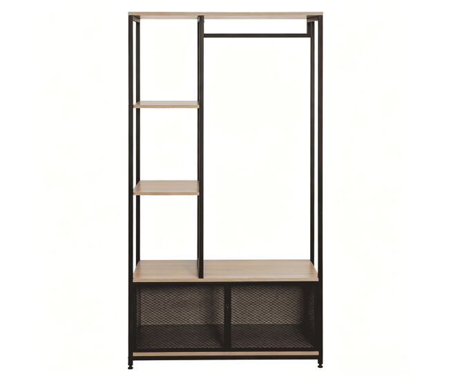 Perchero de pie - diseño abierto, organizador de ropa multifuncional para dormitorio y recibidor - negro y roble claro