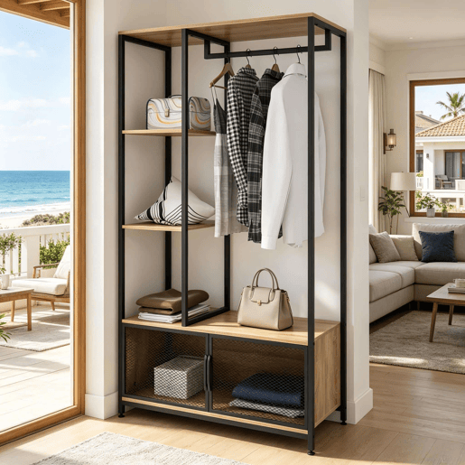 Cabideiro de pé - Design aberto, organizador de roupa multifuncional para o quarto e a entrada - Preto e carvalho claro Cabideiro de pé - Design aberto, organizador de roupa multifuncional para o quarto e a entrada - Preto e carvalho claro