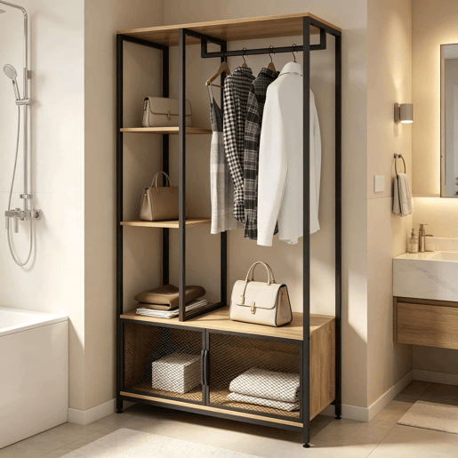 Cabideiro de pé - Design aberto, organizador de roupa multifuncional para o quarto e a entrada - Preto e carvalho claro Cabideiro de pé - Design aberto, organizador de roupa multifuncional para o quarto e a entrada - Preto e carvalho claro