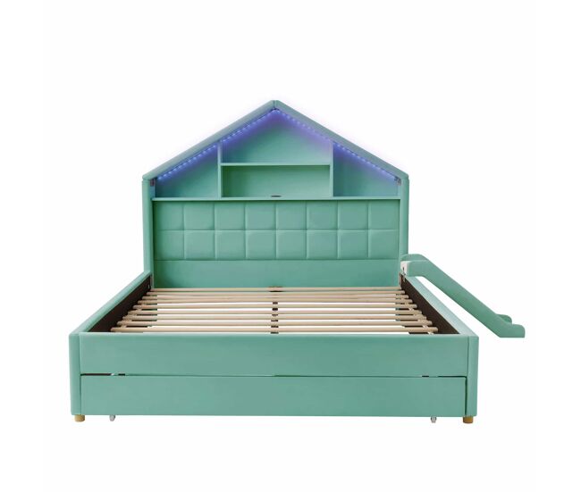 Cama infantil 140x200 cm - casa acolchada con tobogán, led, puerto de carga, estantería cabecero y cajón grande - azul verdoso