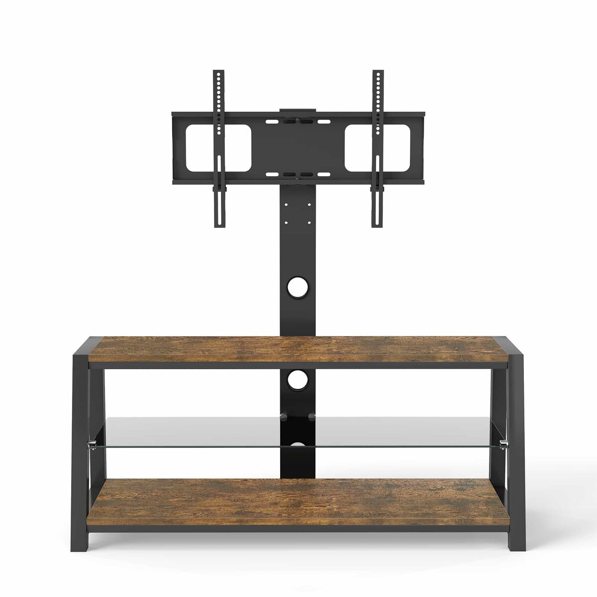 Mueble tv 125x116x42 cm - soporte tv regulable, cristal negro, giratorio, montaje pared - marrón