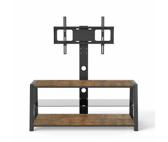 Mueble tv 125x116x42 cm - soporte tv regulable, cristal negro, giratorio, montaje pared - marrón