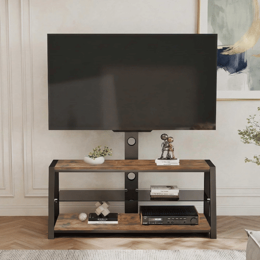 Móvel para TV 125 x 116 x 42 cm - Suporte para TV ajustável, vidro preto, giratório, montagem na parede - Castanho