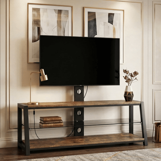 Móvel para TV 125 x 116 x 42 cm - Suporte para TV ajustável, vidro preto, giratório, montagem na parede - Castanho