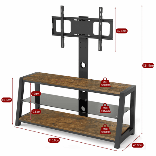 Móvel para TV 125 x 116 x 42 cm - Suporte para TV ajustável, vidro preto, giratório, montagem na parede - Castanho