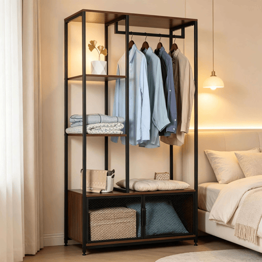 Cabideiro de pé - Organizador de roupa aberto e multifuncional para o quarto e a entrada - Preto