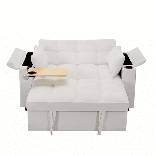 Sofá-cama 140,5 x 74 x 82 cm - 3 em 1, com encosto ajustável, USB, mesa oculta, porta-copos - Bege