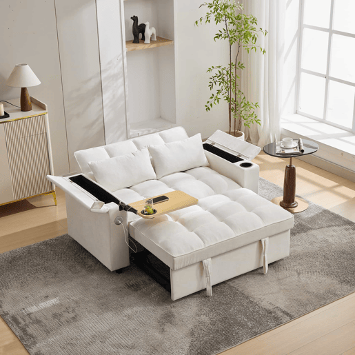 Sofá-cama 140,5 x 74 x 82 cm - 3 em 1, com encosto ajustável, USB, mesa oculta, porta-copos - Bege