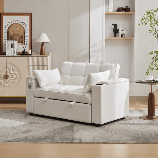 Sofá-cama 140,5 x 74 x 82 cm - 3 em 1, com encosto ajustável, USB, mesa oculta, porta-copos - Bege