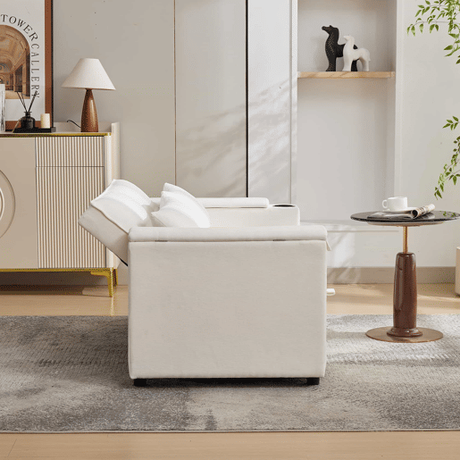 Sofá-cama 140,5 x 74 x 82 cm - 3 em 1, com encosto ajustável, USB, mesa oculta, porta-copos - Bege