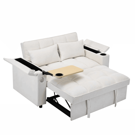 Sofá-cama 140,5 x 74 x 82 cm - 3 em 1, com encosto ajustável, USB, mesa oculta, porta-copos - Bege