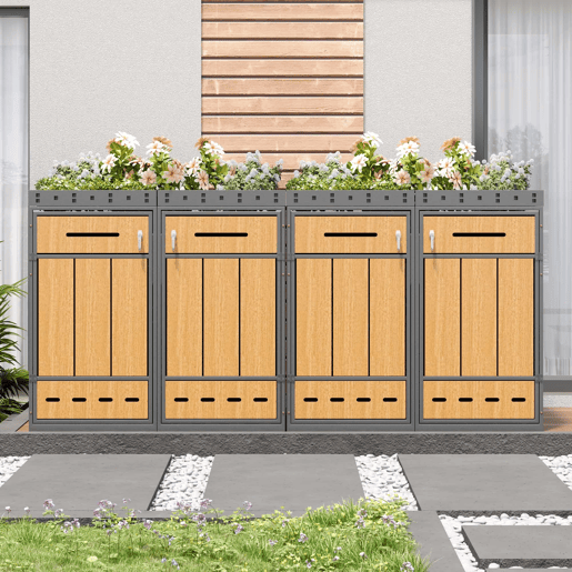Móvel para contentores de lixo com capacidade para 4 cubos de 120-240 L u2013 com teto para plantas, armário exterior para lixo, estrutura resistente u2013 cinzento e madeira Móvel para contentores de lixo com capacidade para 4 cubos de 120-240 L u2013 com teto para plantas, armário exterior para lixo, estrutura resistente u2013 cinzento e madeira