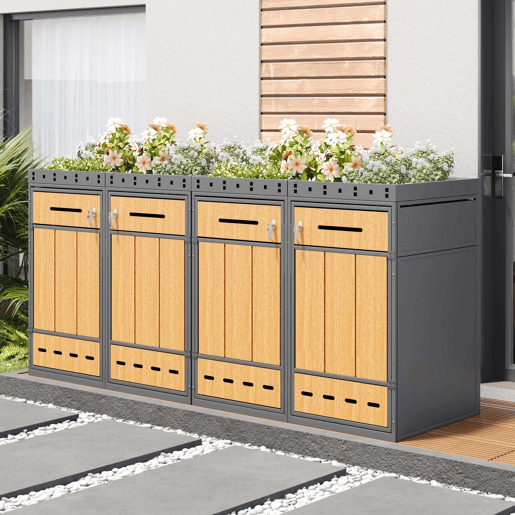 Móvel para contentores de lixo com capacidade para 4 cubos de 120-240 L u2013 com teto para plantas, armário exterior para lixo, estrutura resistente u2013 cinzento e madeira Móvel para contentores de lixo com capacidade para 4 cubos de 120-240 L u2013 com teto para plantas, armário exterior para lixo, estrutura resistente u2013 cinzento e madeira