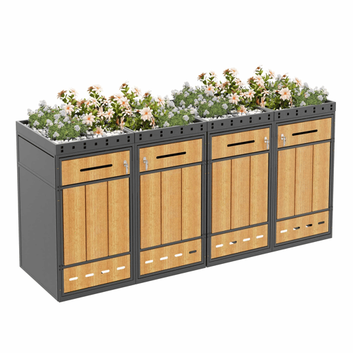 Móvel para contentores de lixo com capacidade para 4 cubos de 120-240 L u2013 com teto para plantas, armário exterior para lixo, estrutura resistente u2013 cinzento e madeira Móvel para contentores de lixo com capacidade para 4 cubos de 120-240 L u2013 com teto para plantas, armário exterior para lixo, estrutura resistente u2013 cinzento e madeira