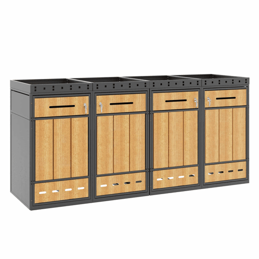 Móvel para contentores de lixo com capacidade para 4 cubos de 120-240 L u2013 com teto para plantas, armário exterior para lixo, estrutura resistente u2013 cinzento e madeira Móvel para contentores de lixo com capacidade para 4 cubos de 120-240 L u2013 com teto para plantas, armário exterior para lixo, estrutura resistente u2013 cinzento e madeira