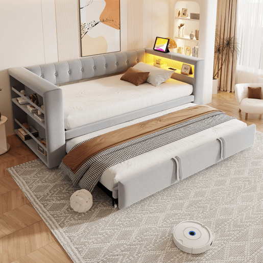 Sofá-cama, 90 x 200 cm - Com cama extraível, 2 portas USB, com estrado - Branco