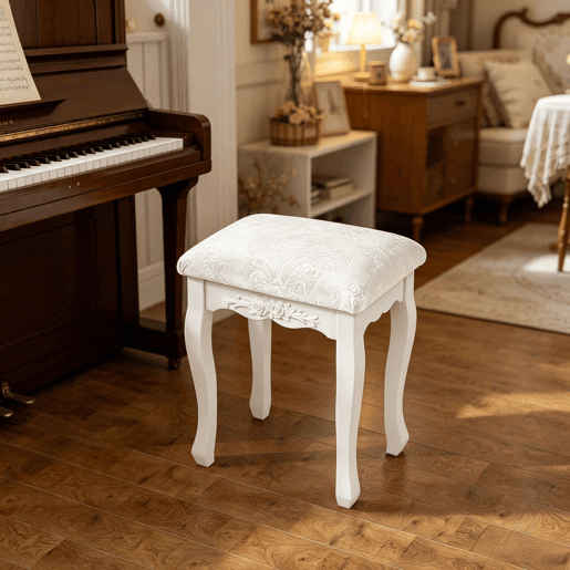 Banco de toucador 37 x 30 x 50 cm u2014 design vintage almofadado para quarto u2014 branco creme
