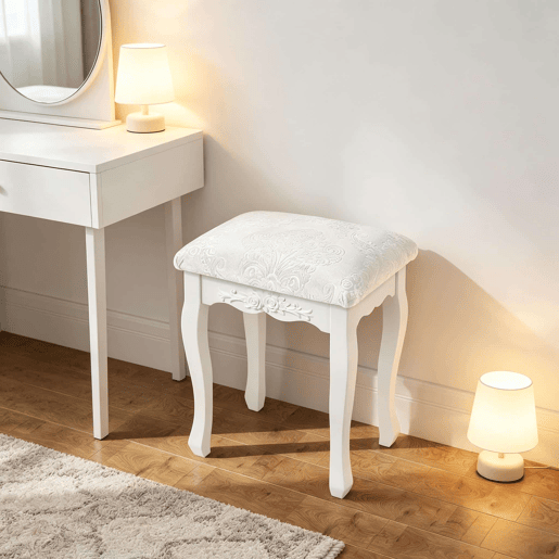Banco de toucador 37 x 30 x 50 cm u2014 design vintage almofadado para quarto u2014 branco creme