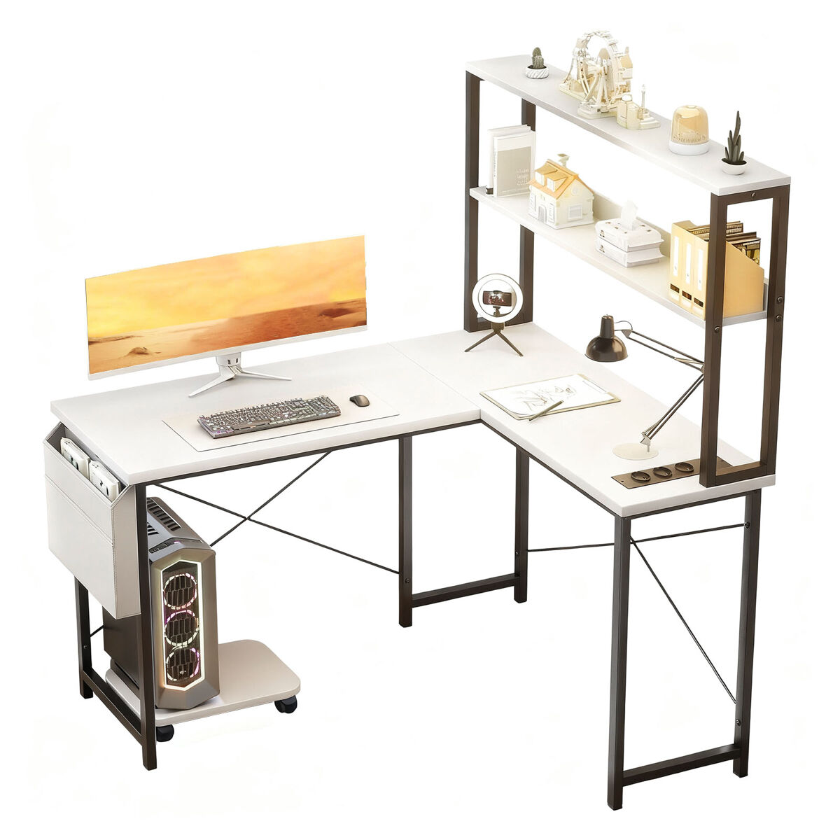 Mesa de escritorio gaming en forma de l con luz led, enchufes usb, estantes de almacenamiento y soporte cpu