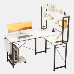 Mesa de Escritório Gaming em L com Iluminação LED, Tomadas USB, Prateleiras de Armazenamento e Suporte CPU