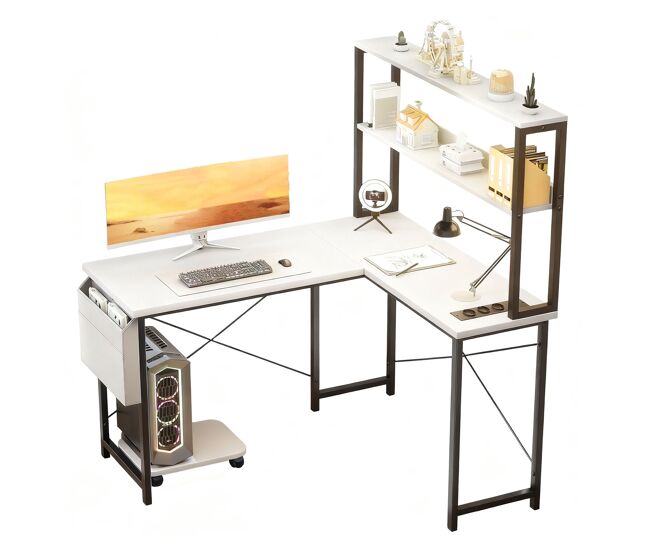 Mesa de escritorio gaming en forma de l con luz led, enchufes usb, estantes de almacenamiento y soporte cpu