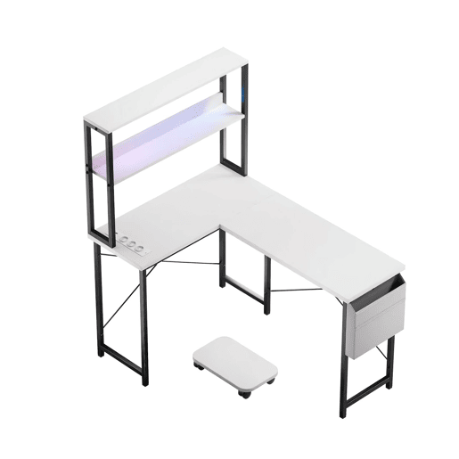 Mesa de Escritório Gaming em L com Iluminação LED, Tomadas USB, Prateleiras de Armazenamento e Suporte CPU Mesa de Escritório Gaming em L com Iluminação LED, Tomadas USB, Prateleiras de Armazenamento e Suporte CPU