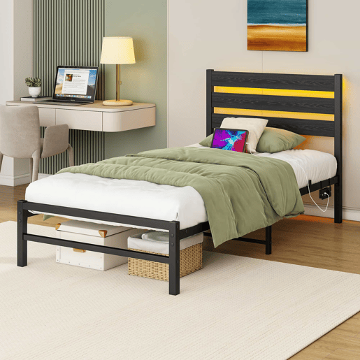 Cama multifuncional 90180x190 cm - com iluminação LED, tomadas e grande espaço de armazenamento - Cinza claro
