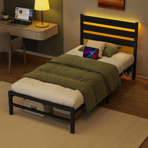 Cama multifuncional 90180x190 cm - com iluminação LED, tomadas e grande espaço de armazenamento - Cinza claro